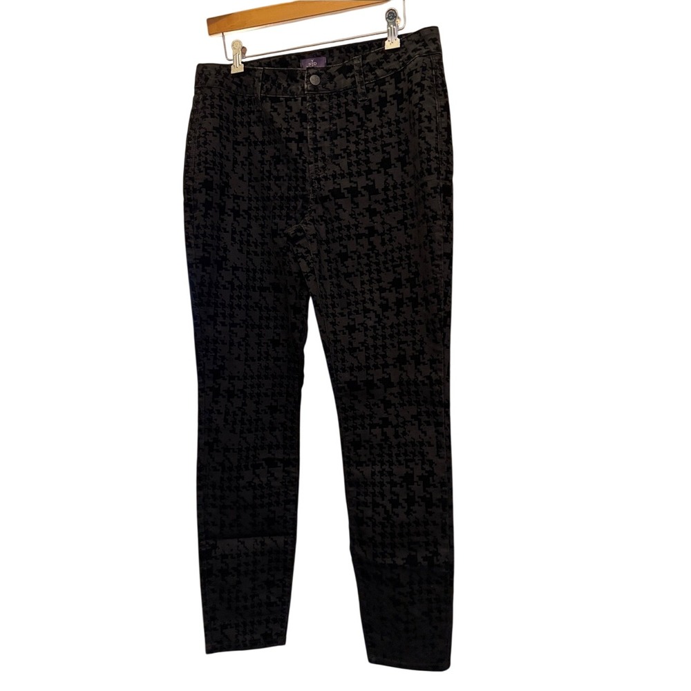 NYDJ Super Skinny‎ Houndstooth Flocked Velvet Pants Black Grey Size 10